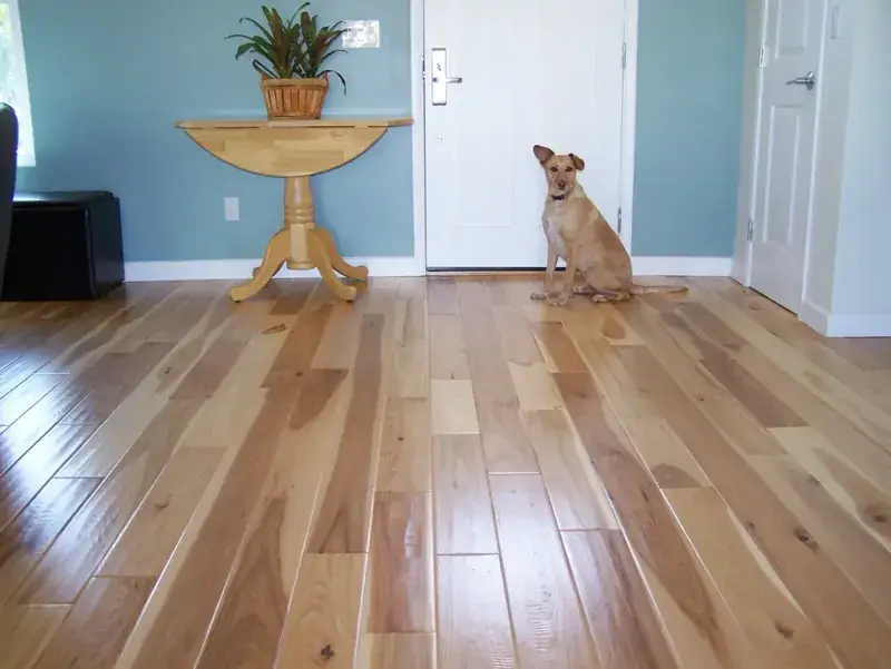 Garrison Garrison II Distressed Natural – Distressed 5″ Hickory Engineered Hardwood, installed in a room