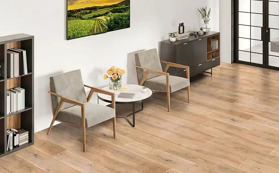 Johnson Hardwood Canyon Ridge Moonstone Hickory Engineered Hardwood, installed in a room
