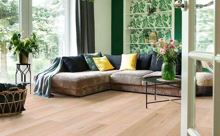 Johnson Hardwood Oak Grove Laurel European Oak Engineered Hardwood, installed in a room