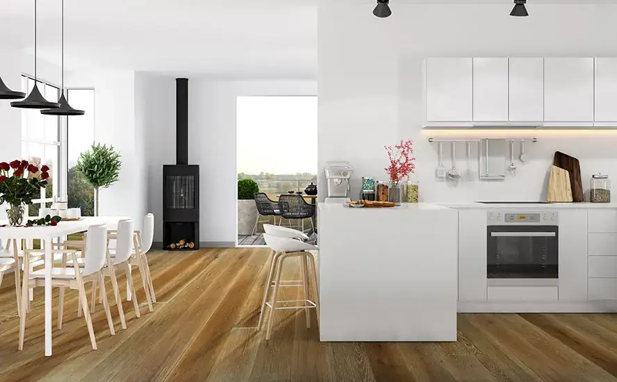 Johnson Hardwood British Isles Tiger Bay American & European Oak Engineered Hardwood, installed in a room