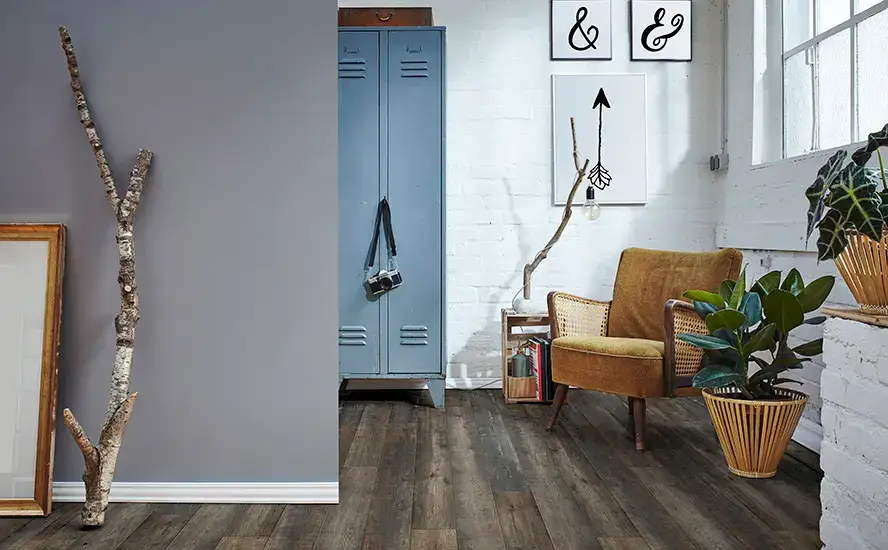 Johnson Hardwood Olde Tavern Dark and Stormy Laminate Flooring, installed in a room