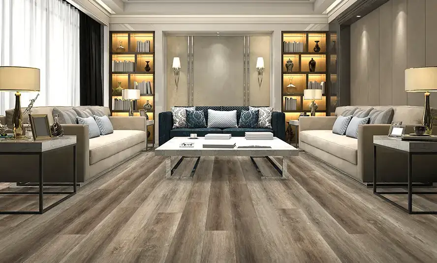 Johnson Hardwood Skyview Storm SPC Flooring, installed in a room