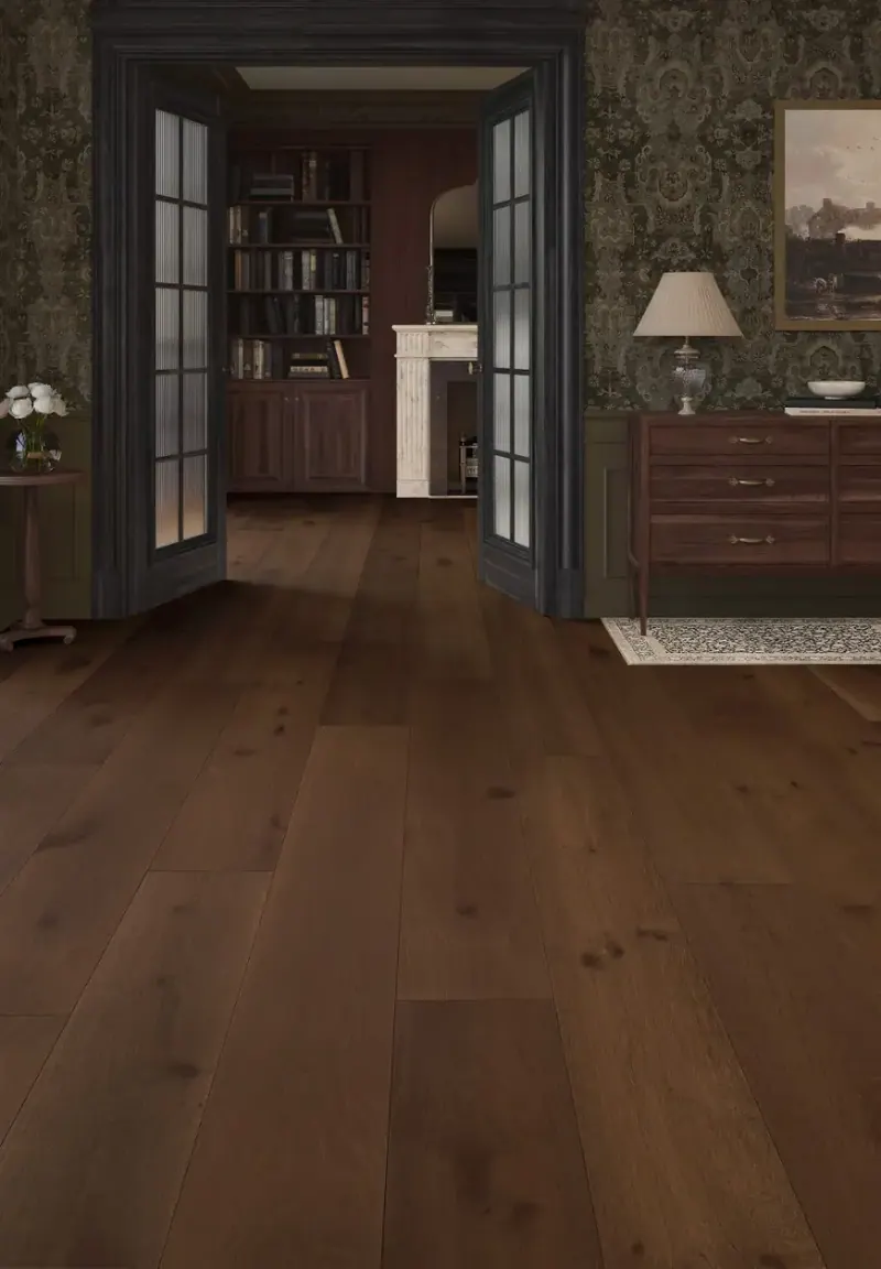 Mannington Inferno Cinder European White Oak Engineered Hardwood, installed in a room