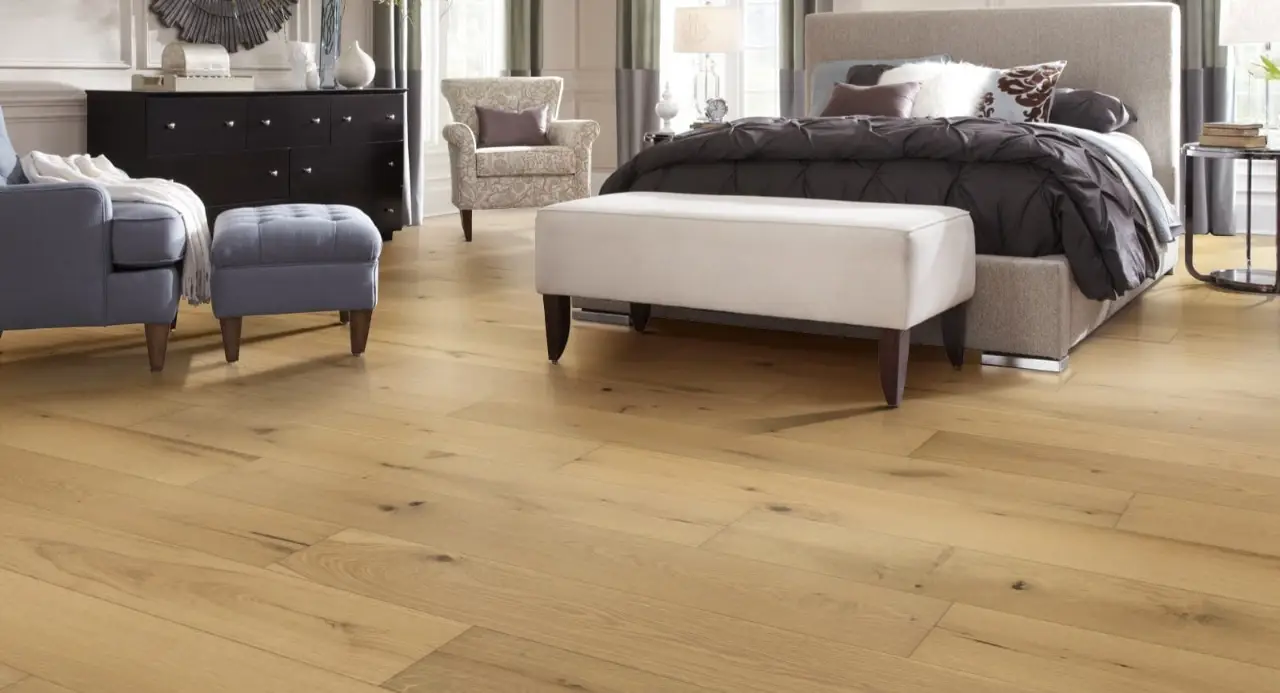 Mannington Monogram Latte White Oak Engineered Hardwood, installed in a room
