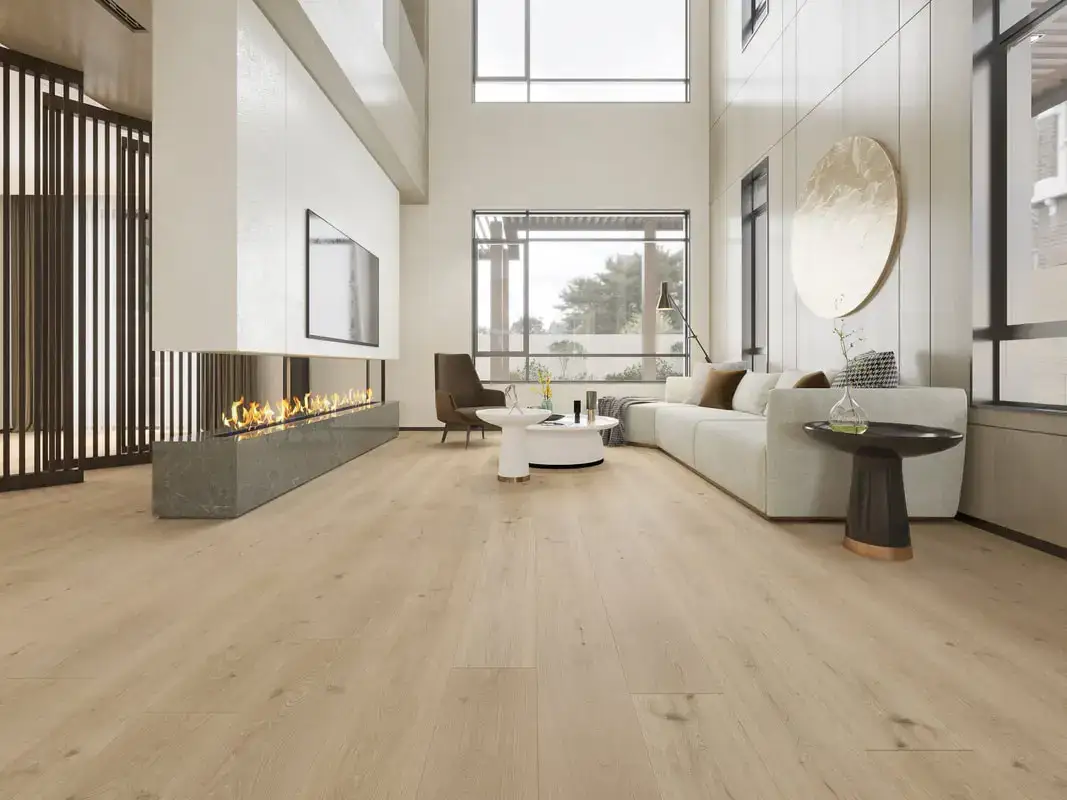 Medieval Floors Architectural Winter Glacier French White Oak Engineered Hardwood, installed in a room
