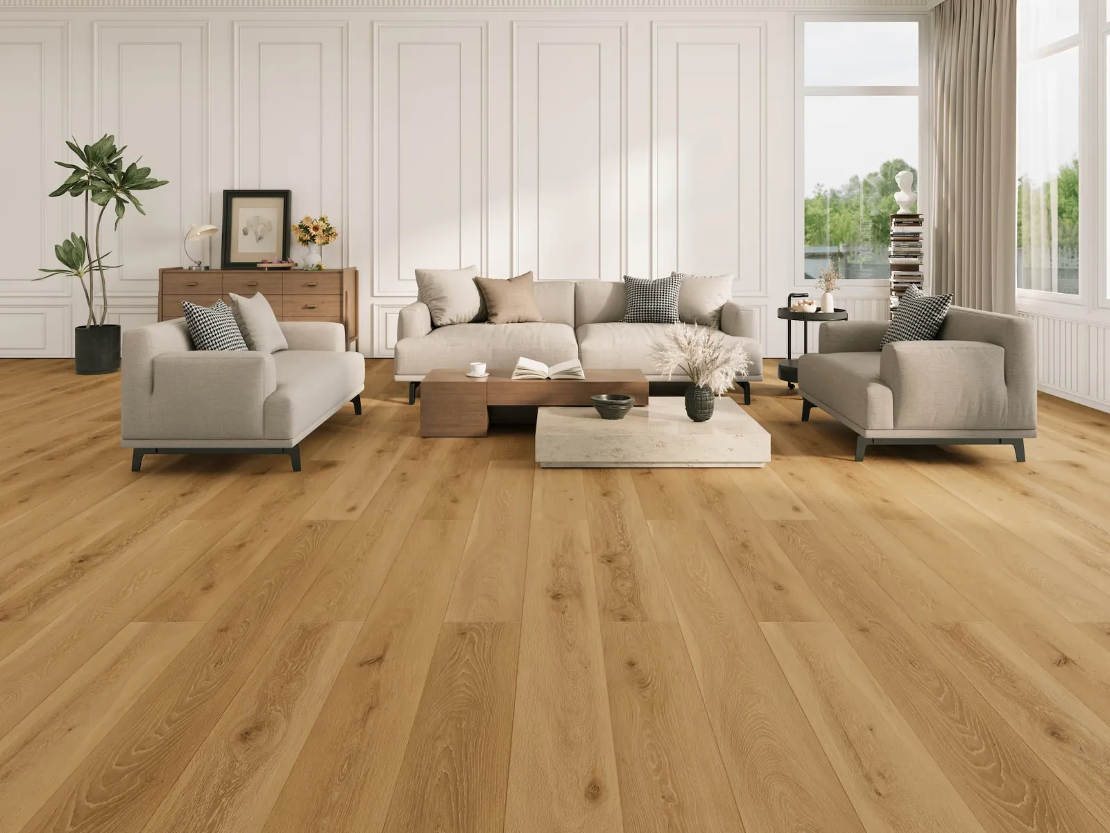 Living room with warm oak-look MegaClic Montclair laminate flooring