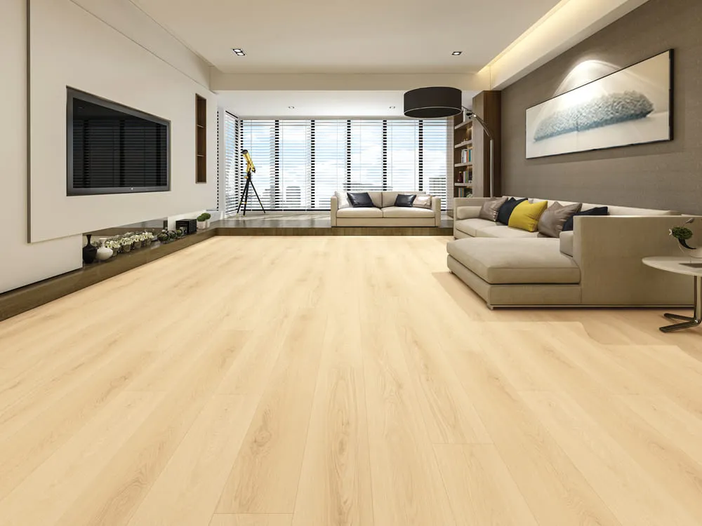 MegaClic Centennial 12mm AC4 Morning Dew Laminate Flooring, installed in a room
