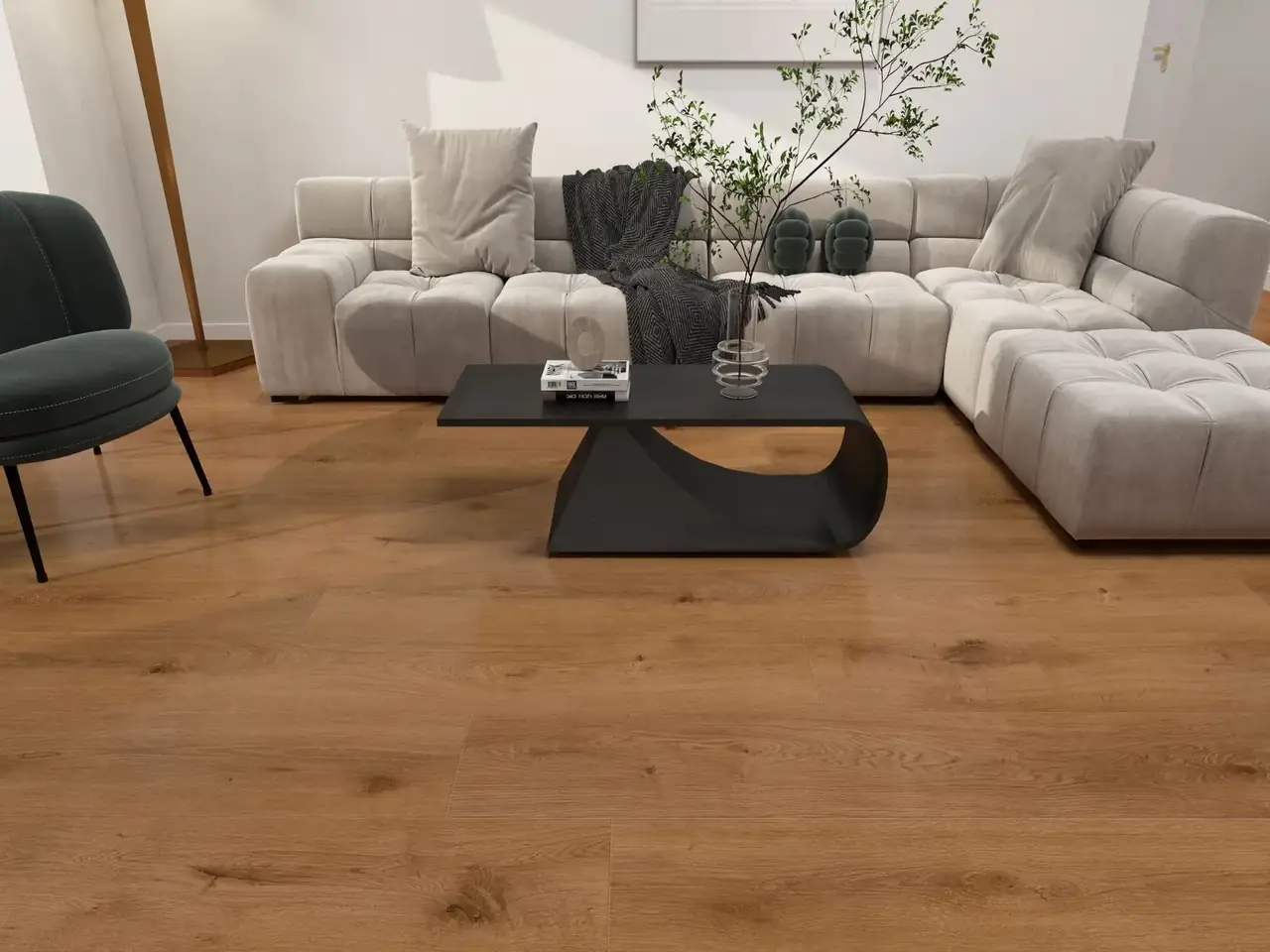 MegaClic Novelle Palm Mist Luxury Vinyl Plank, installed in a room