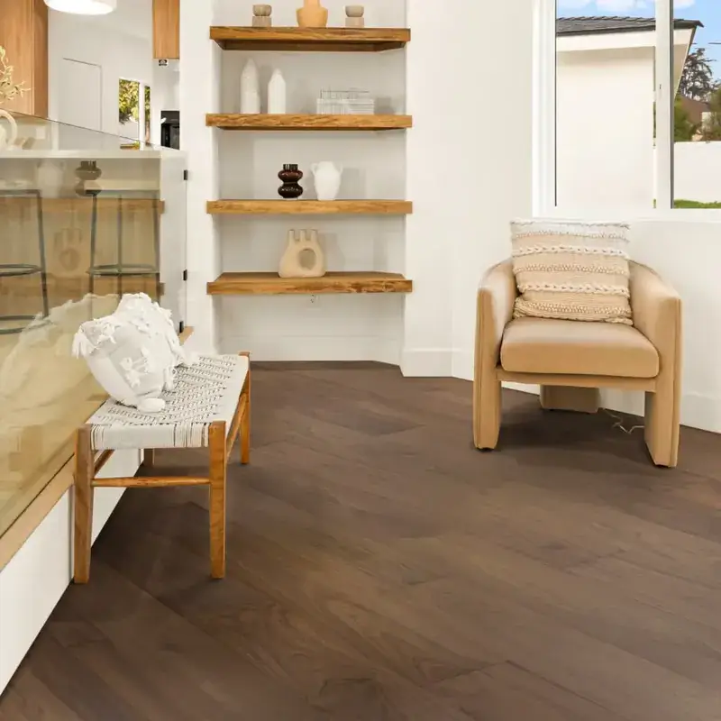 Opus Hardwood 7½″ Plank American Black Walnut Engineered Hardwood, installed in a room