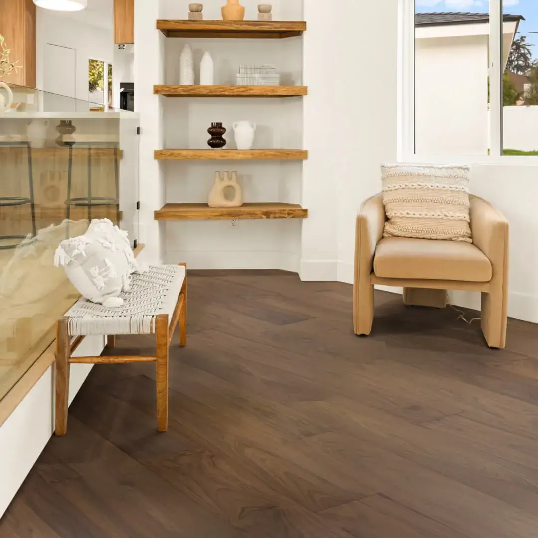 Opus Hardwood 7½″ Plank American Black Walnut Engineered Hardwood, installed in a room