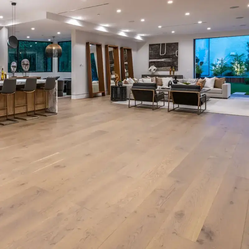 Opus Hardwood 10¼″ Plank Crete European Oak Engineered Hardwood, installed in a room