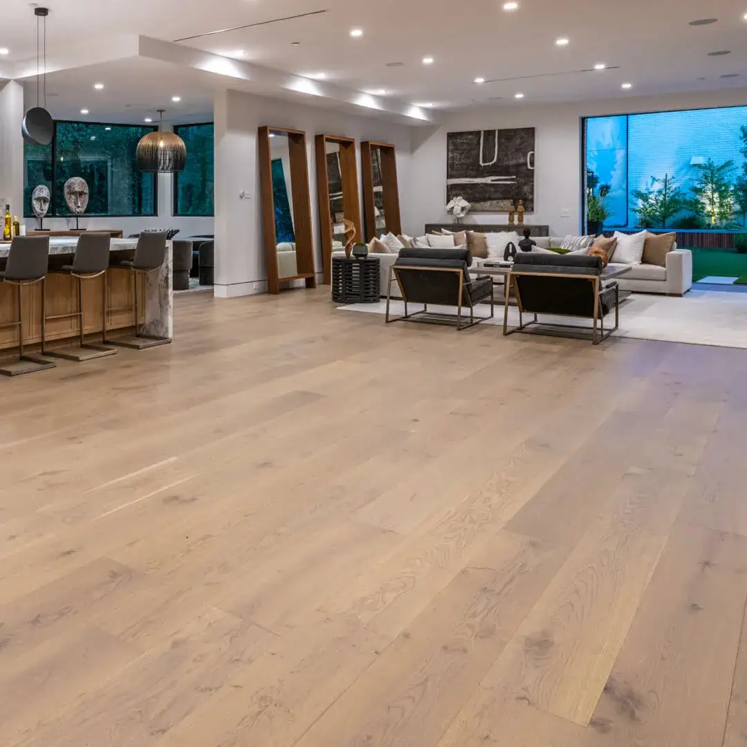 Opus Hardwood 10¼″ Plank Crete European Oak Engineered Hardwood, installed in a room