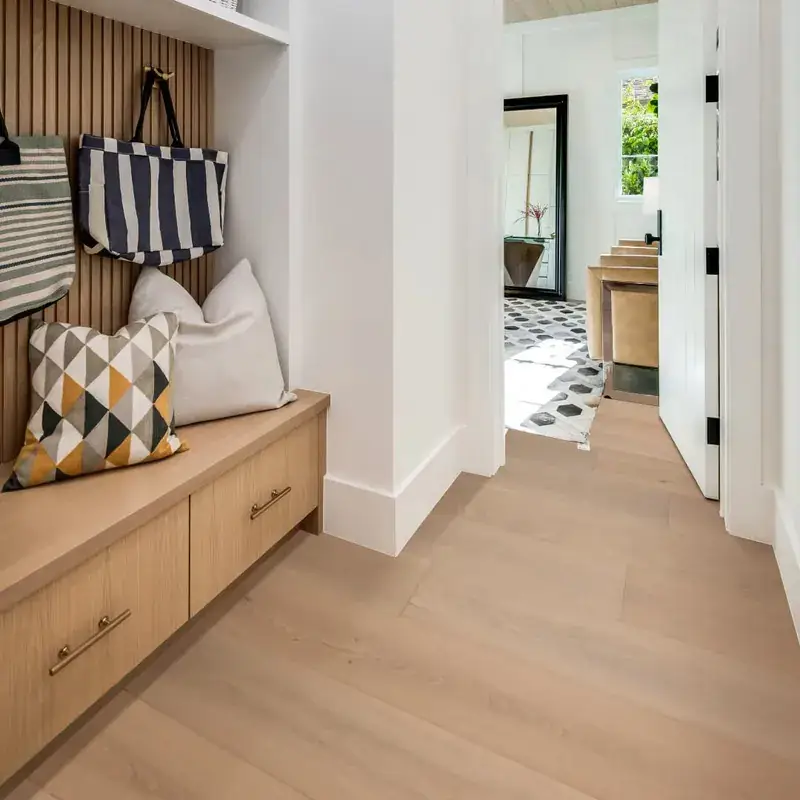 Opus Hardwood 9½″ Plank Hvar European Oak Engineered Hardwood, installed in a room