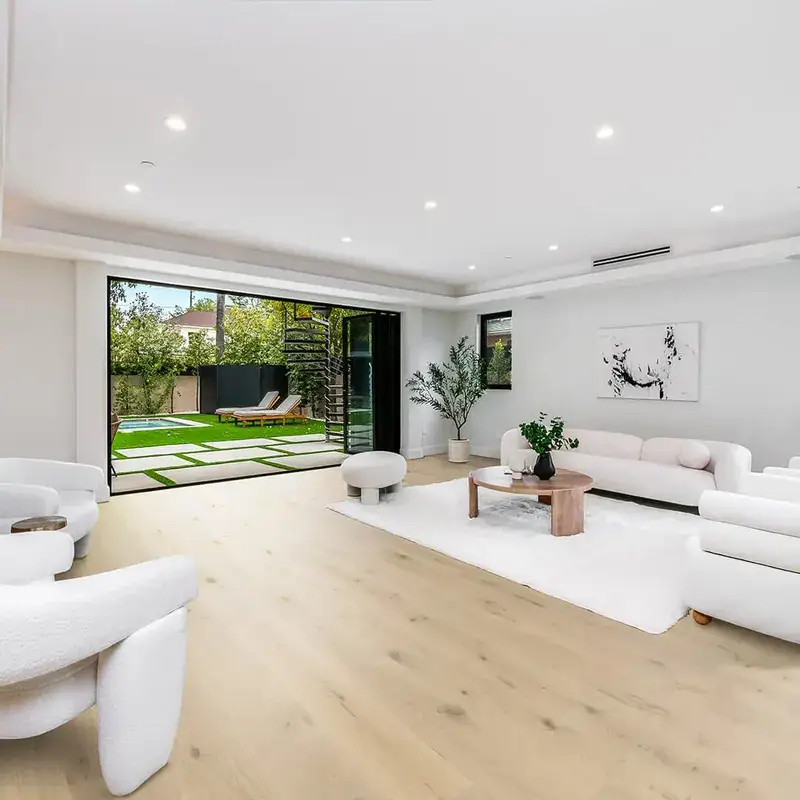 Opus Hardwood 8¾″ Plank Larco European Oak Engineered Hardwood, installed in a room
