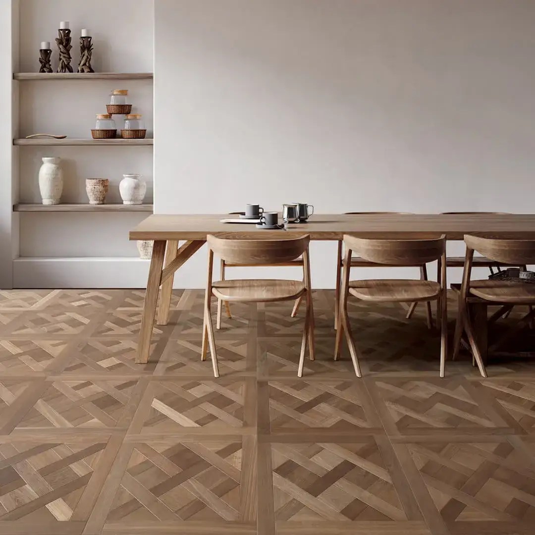 Opus Hardwood Parquet Panels Parquet Dahlia European Oak Engineered Hardwood, installed in a room