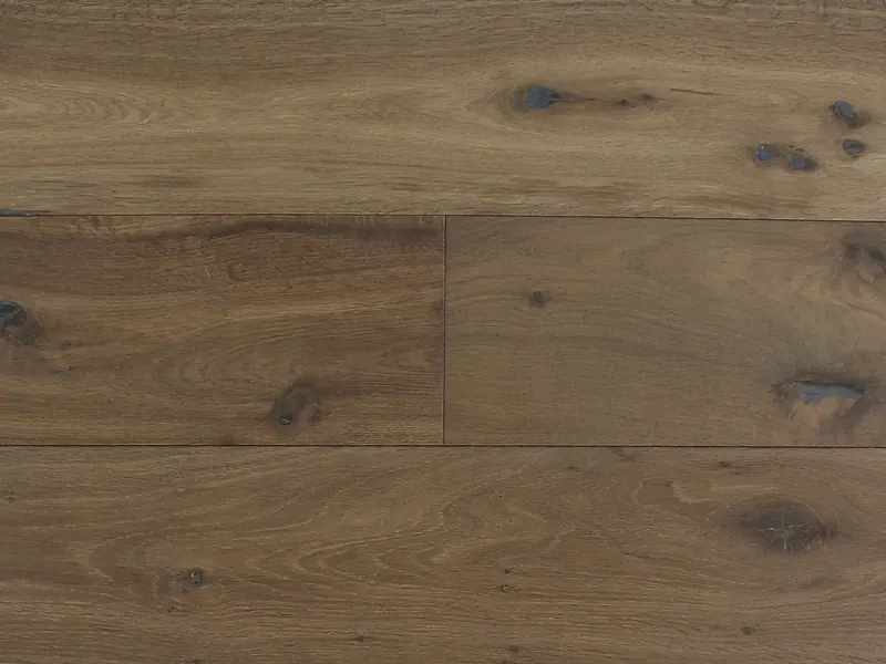 Pravada Floors Ferme Chic Aged Leather European White Oak Engineered Hardwood, installed in a room