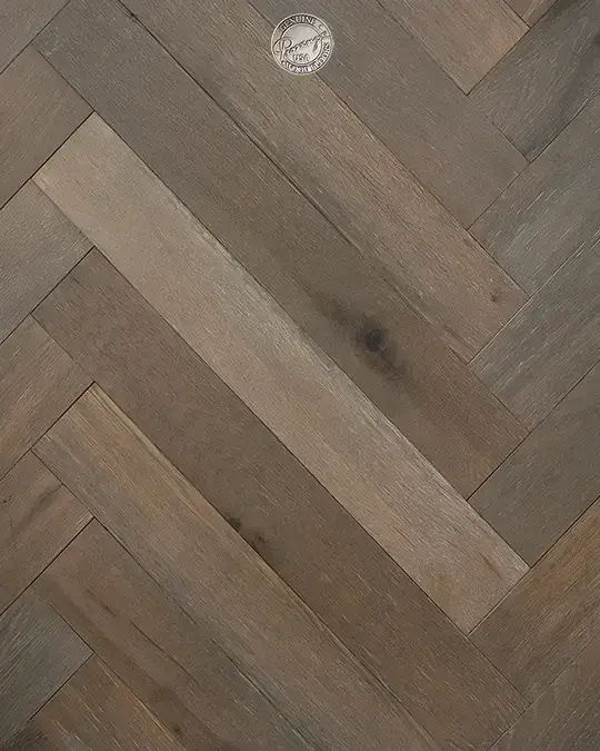 Provenza Floors Herringbone Reserve Stone Grey White Oak Engineered Hardwood, installed in a room