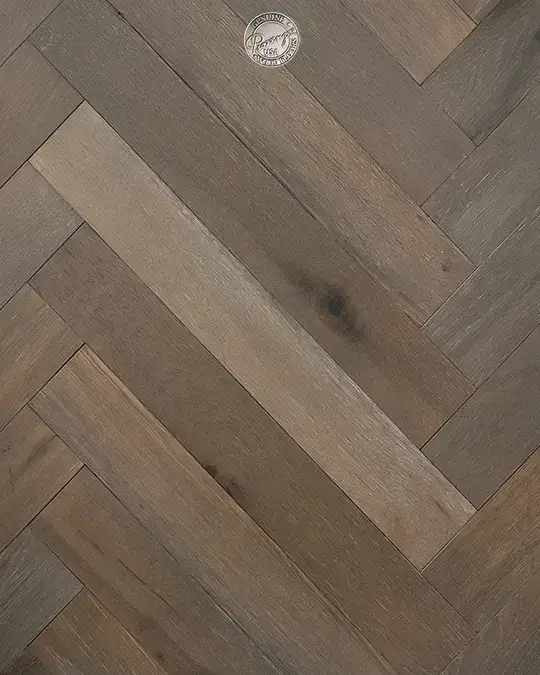 Provenza Floors Herringbone Reserve Stone Grey White Oak Engineered Hardwood, installed in a room