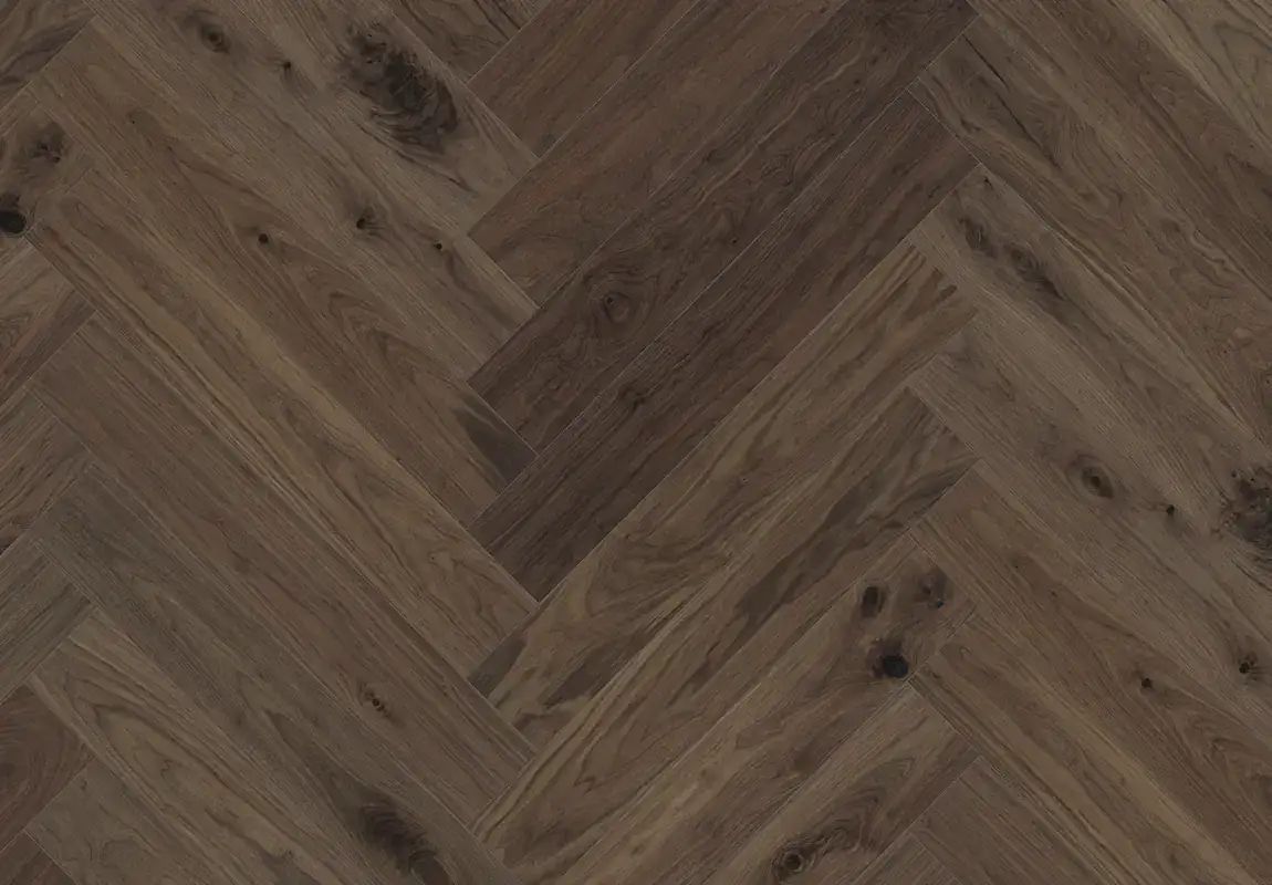 SLCC Flooring Celeste Herringbone Helios Walnut Engineered Hardwood, installed in a room