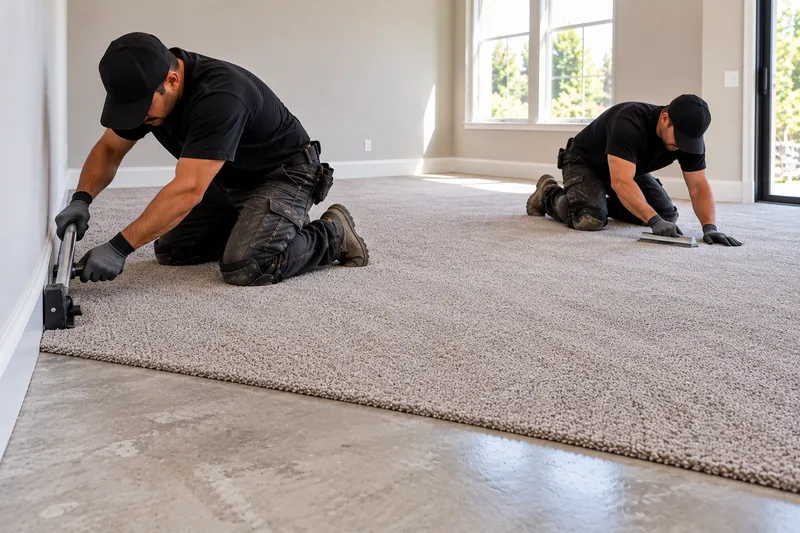 Illustration of installers stretching new carpet over pad