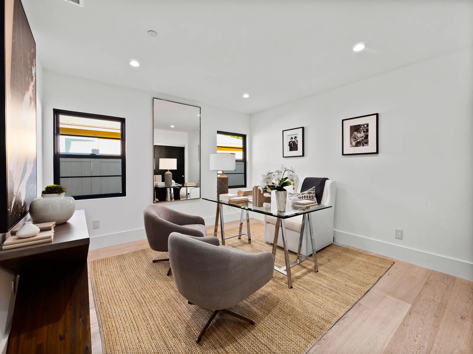 Home office with light European white oak plank flooring