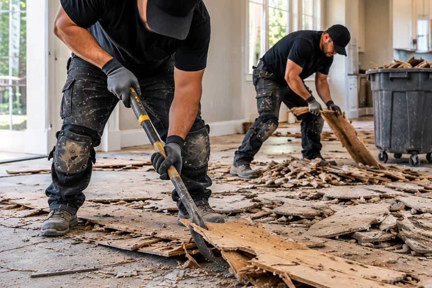Illustration of old flooring being torn out before replacement