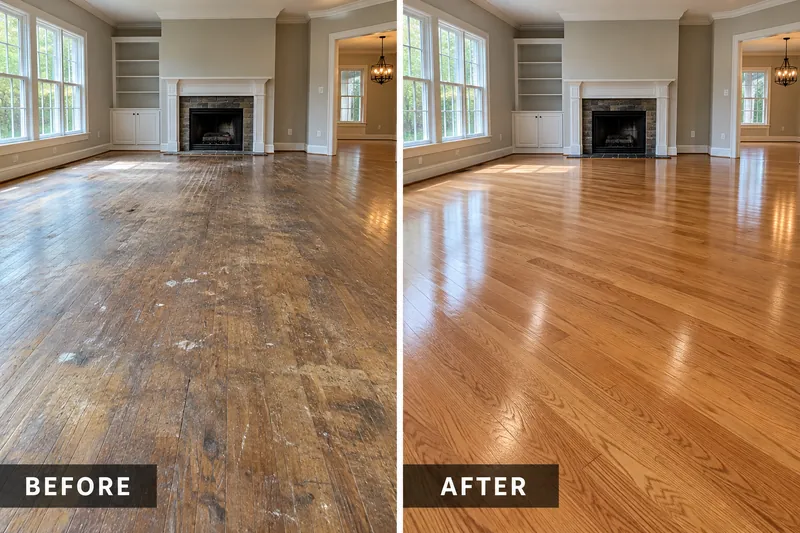 Illustration of a worn oak floor before refinishing and after sanding and a new finish